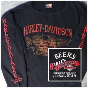 Vtg 1992 Harley Davidson Thermal Shirt XL Black red gold Eagle USA Holoubek Utah